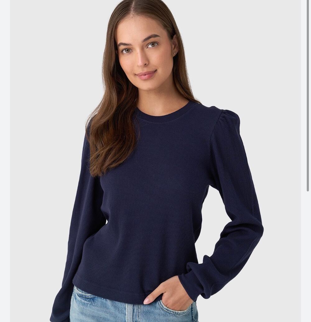 AMO Girly Thermal Top Navy Puff Sleeve Waffle Knit XS Long Sleeve USA